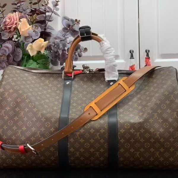 【原版皮】路易威登/LV Keepall 50旅行袋,Monogram Eclipse帆布包身搭配卷标和点缀Monogram图案的可拆卸拉链袋,机舱行李尺寸,内含充裕空间,与绅士优雅随行,款号:M56855