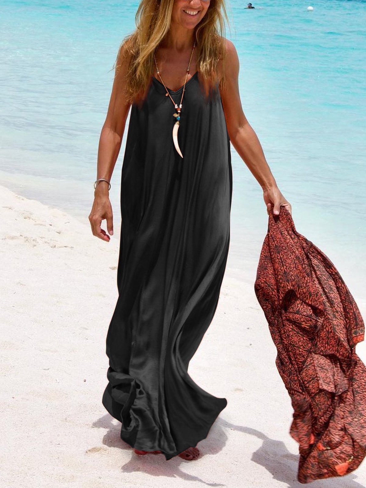 Plus Size  V-neck Sleeveless Casual Sling  Long  Dress