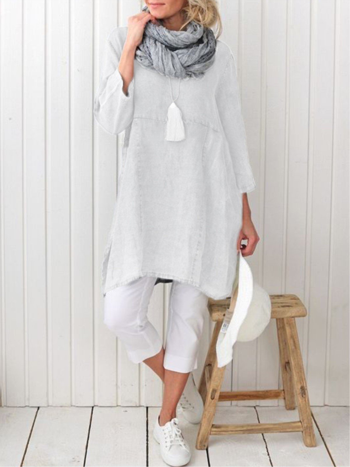 Plus Size Casual Plain Long Sleeve Linen Dress