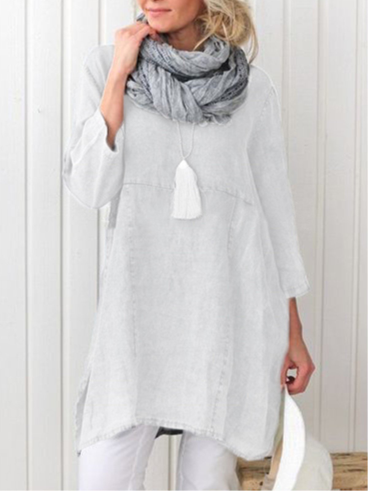 Plus Size Casual Plain Long Sleeve Linen Dress