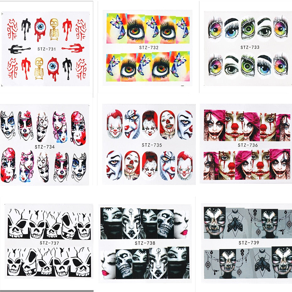 25 sheets Halloween New Nail Art Sticker Flower Bone Lips Eyes Tattoo Horror Design Decals