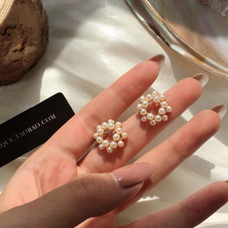 韩国S925银针小清新耳环百搭气质心形珍珠耳饰个性防过敏耳钉批发