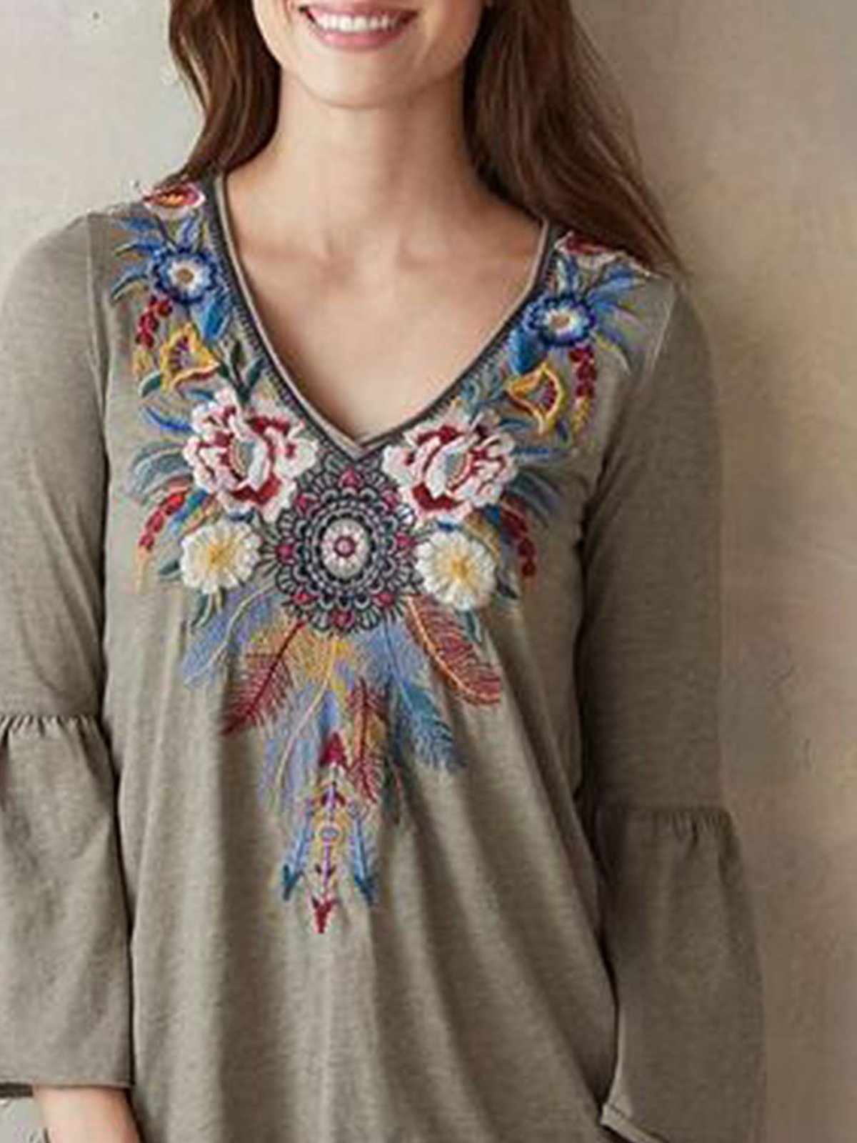 3/4 Sleeve V Neck Floral Shirts & Tops