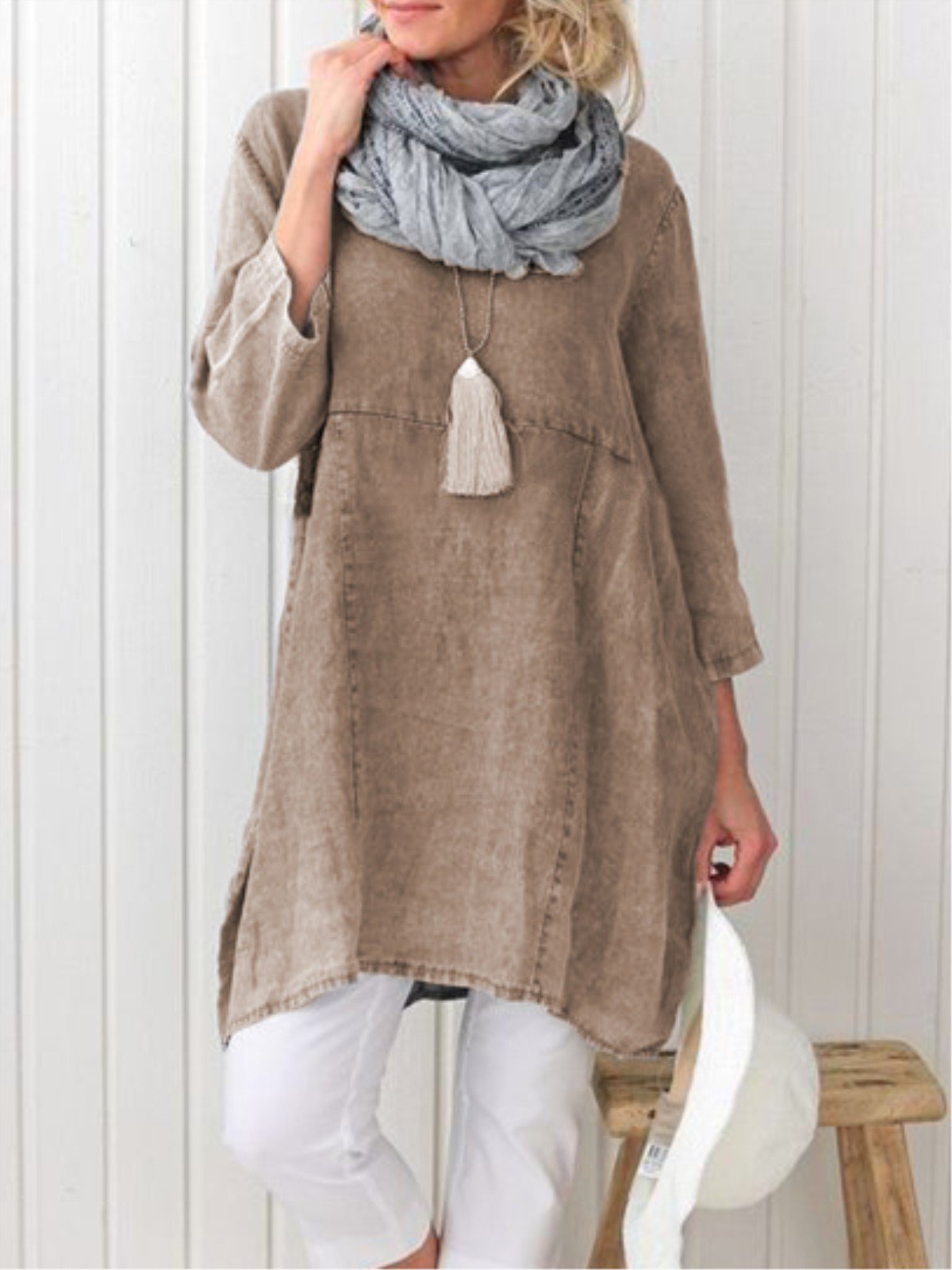 Plus Size Casual Plain Long Sleeve Linen Dress