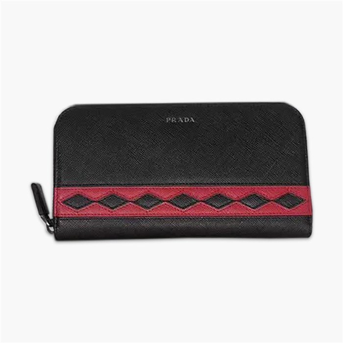 【原版皮】普拉达/Prada 拉链钱夹,选用十字纹牛皮裁制而成,饰以菱形拼色,精湛走线均匀整齐,油边顺滑,款号:2ML317