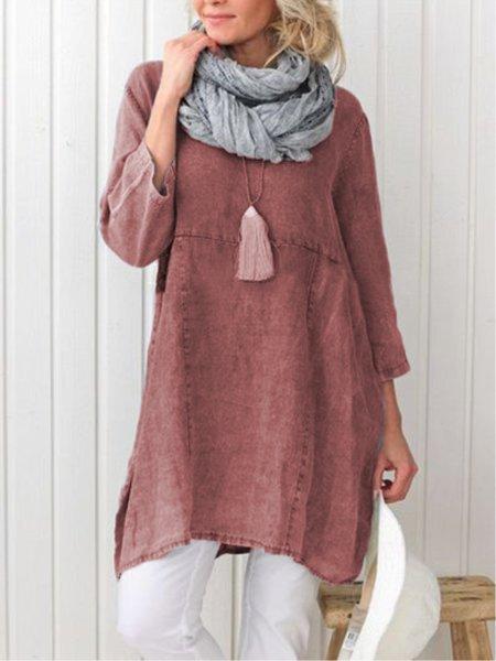Plus Size Casual Plain Long Sleeve Linen Dress
