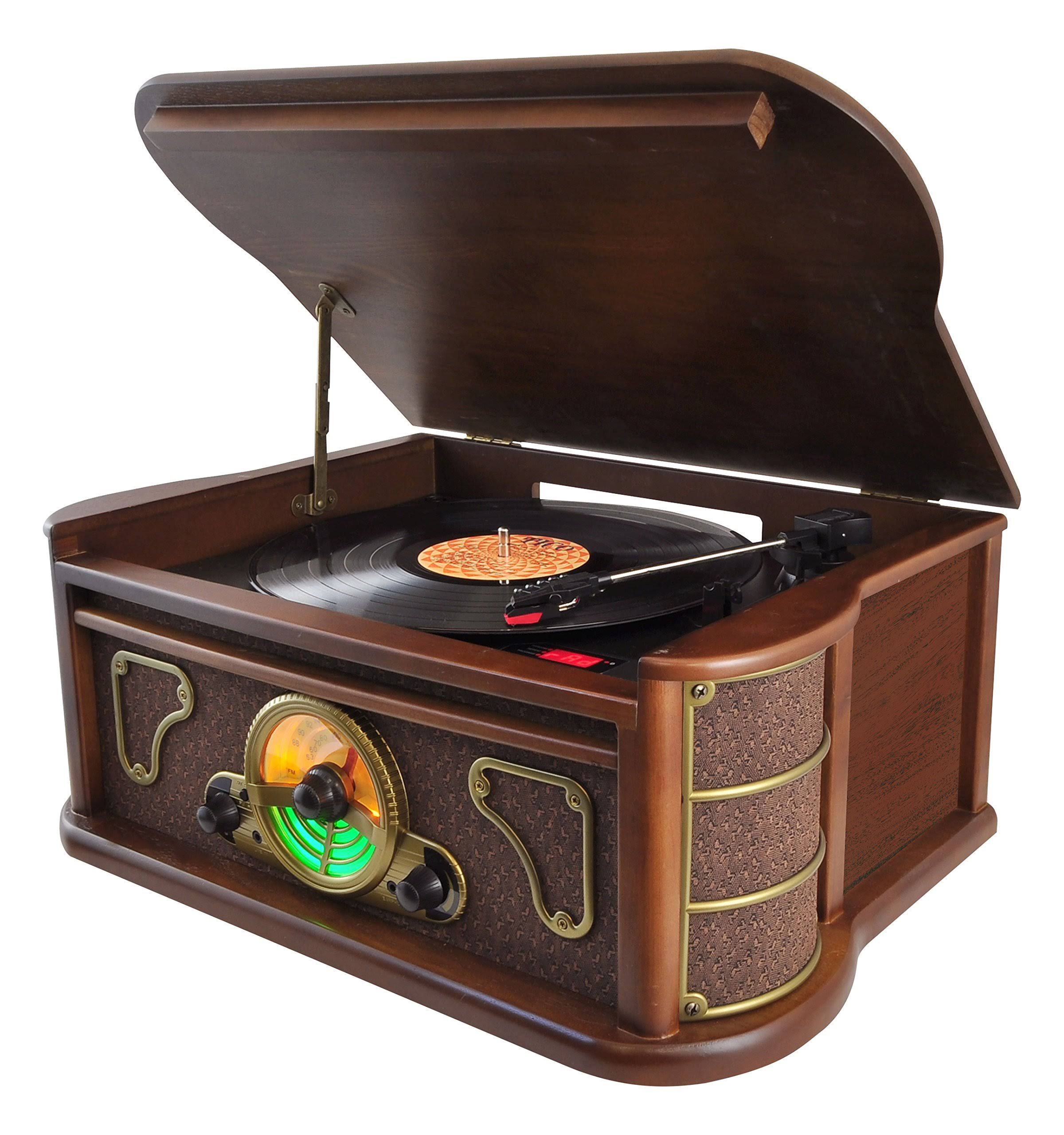 Pyle Bluetooth Classic Vintage Style Turntable Speaker System, Vinyl-to-MP3 Recording, CD Player PTCDS8UBT