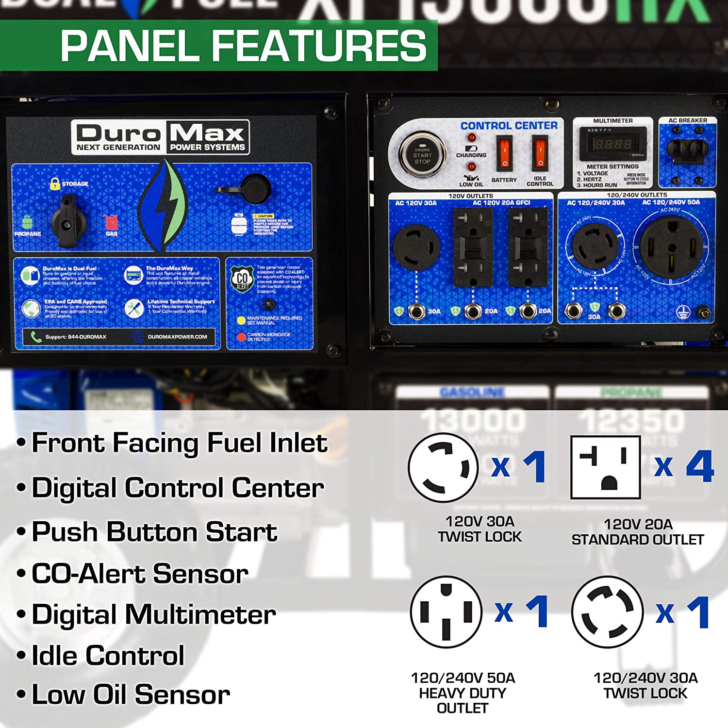 DuroMax XP13000HX Dual Fuel Portable Generator-13000 Watt Gas or Propane Powered Electric Start w/CO Alert, 50 State Approved, Blue