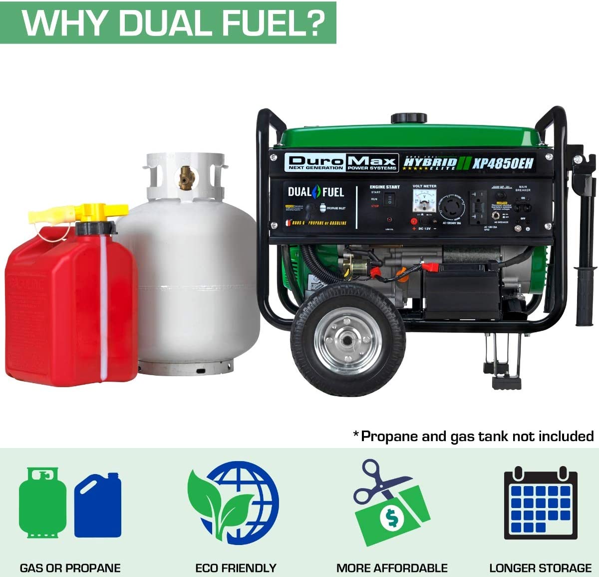 DuroMax XP4850EH Generator-4850 Watt Gas or Propane Powered-Electric Start-Camping & RV Ready, 50 State Approved Dual Fuel Portable Generator, Green