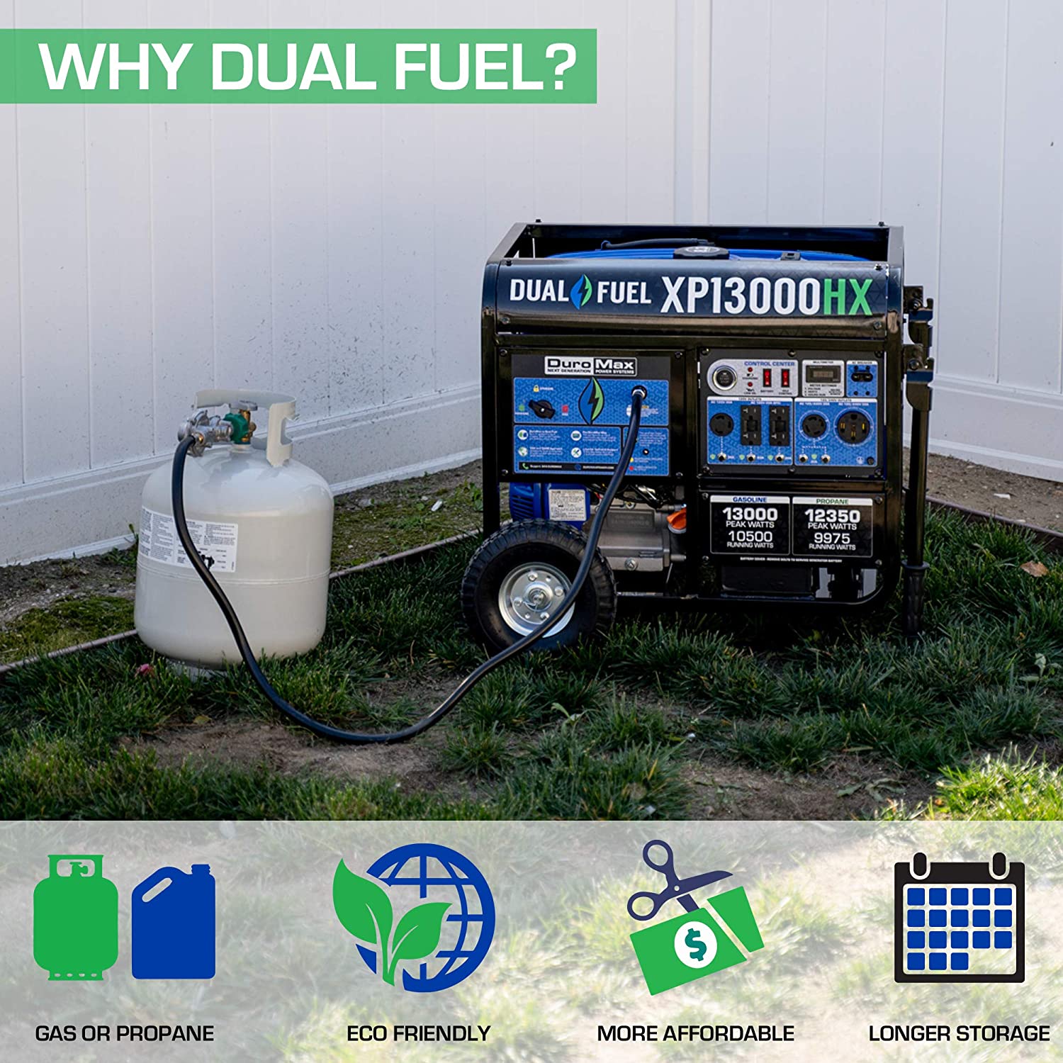 DuroMax XP13000HX Dual Fuel Portable Generator-13000 Watt Gas or Propane Powered Electric Start w/CO Alert, 50 State Approved, Blue